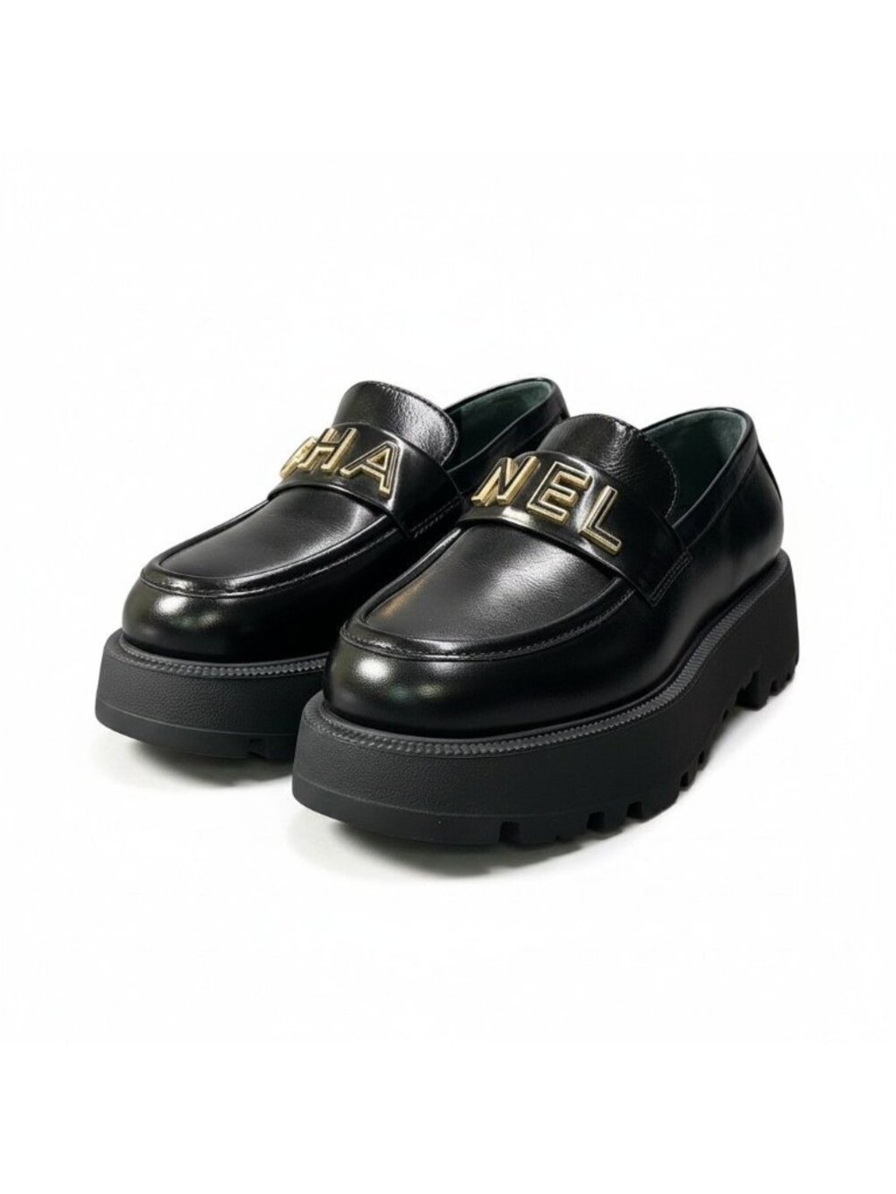 Chanel Loafers Logo Calfskin Leather Thick Sole Volume Black